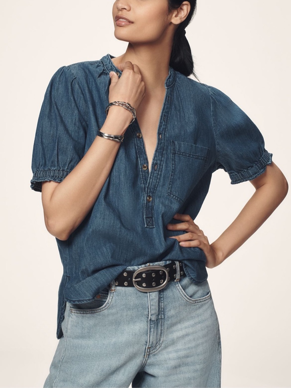 Anthropologie Pilcro Aly Denim Puff-Sleeve Button Front Indigo Blue Blouse